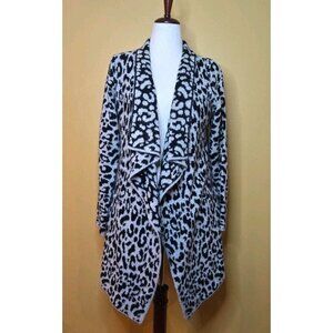ii Sisters Leopard Print Open Front Long Cardigan Womens Medium Black Grey EUC